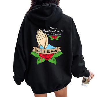 Never Underestimate A Woman With A Rosary Catholic Girl Women Oversized Hoodie Back Print | Mazezy