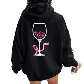 Wine Glass Pink Ribbon Cool Breast Cancer Awareness Women Oversized Hoodie Back Print - Seseable