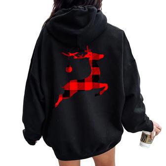 Black Red Plaid Reindeer Pajama Christmas For Women Oversized Hoodie Back Print - Thegiftio UK