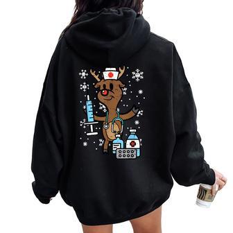 Christmas Nurse Reindeer Xmas Nursing Scrub Top Women Oversized Hoodie Back Print - Seseable