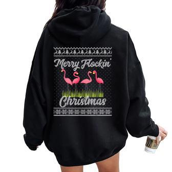 Flamingo Christmas Pun Merry Flockin Holiday Party Women Oversized Hoodie Back Print - Monsterry