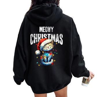 Meow Christmas Cat Mom Cat Dad Christmas Cat Women Oversized Hoodie Back Print | Mazezy