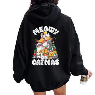 Meowy Catmas Cat Christmas Tree Xmas Girls Boys Santa Short Sleeve Women Oversized Hoodie Back Print - Seseable