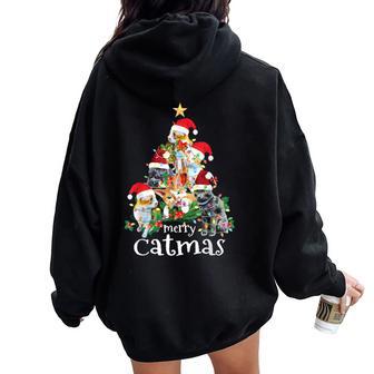 Merry Catmas Cat Mom Cat Dad Christmas Tree Cat Women Oversized Hoodie Back Print - Thegiftio UK