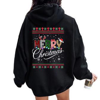 Merry Christmas Leopard Buffalo Red Plaid For Women Women Oversized Hoodie Back Print - Thegiftio UK