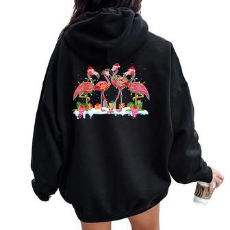 Pink Flamingo Christmas Lighting Xmas Tree Santa Hat Pajama Women Oversized Hoodie Back Print - Monsterry