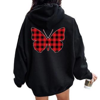 Red Buffalo Plaid Butterfly Matching Family Christmas Women Oversized Hoodie Back Print | Mazezy CA