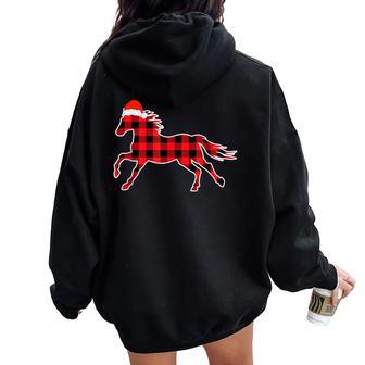 Red Plaid Pajama Horse Santa Hat Christmas Girls Women Oversized Hoodie Back Print - Thegiftio UK