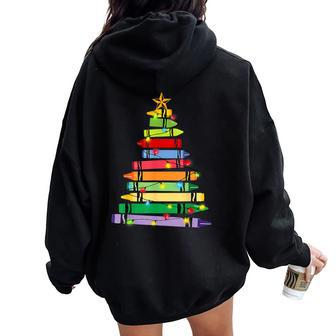 Teacher Christmas Crayon Tree Light Student Women Oversized Hoodie Back Print - Seseable