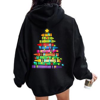 Teacher Crayon Christmas Tree Lights Student School Xmas Women Oversized Hoodie Back Print - Monsterry