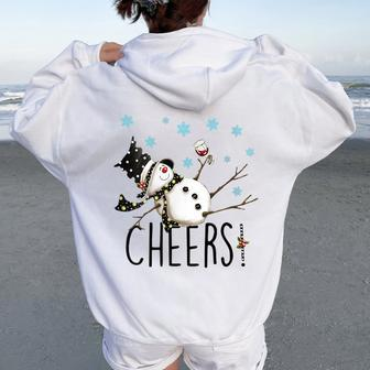 Cheers Snowman And Wine Christmas Apparel & Clothing Women Oversized Hoodie Back Print | Mazezy