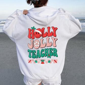 Groovy Retro Holly Xmas Jolly Teacher Christmas Vibes Hippie Women Oversized Hoodie Back Print - Seseable