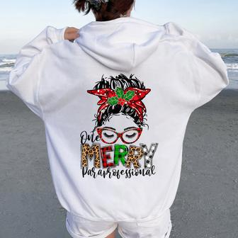 Red Plaid Merry Paraprofessional Messy Bun Para Christmas Women Oversized Hoodie Back Print | Mazezy