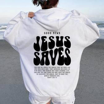 Good News Jesus Saves John 316-17 Christian Word On Back Women Oversized Hoodie Back Print - Thegiftio UK