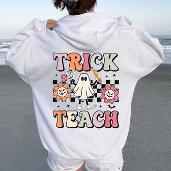 Groovy Teacher Halloween Trick Or Teach Ghost Spooky Season Women Oversized Hoodie Back Print - Thegiftio UK