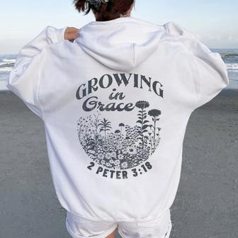 Growing In Grace Bible Scripture Christian Floral Vintage Women Oversized Hoodie Back Print | Mazezy