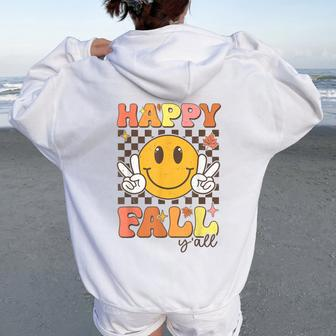 Happy Fall Y'all Retro Smile Face Thanksgiving Autumn Lovers Women Oversized Hoodie Back Print - Seseable