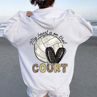 My Heart Is On That Court Volleyball Leopard Volleyball Mom Women Oversized Hoodie Back Print | Mazezy