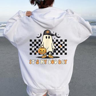 It's My Boo Day Groovy Boy Halloween Birthday Ghost Girls Women Oversized Hoodie Back Print - Seseable