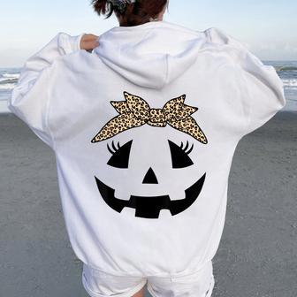Jack O Lantern Pumpkin Leopard Face For Girls Halloween Women Oversized Hoodie Back Print | Mazezy