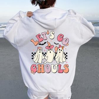 Let's Go Ghouls Halloween Ghost Outfit Costume Retro Groovy Women Oversized Hoodie Back Print - Seseable