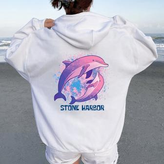 Ocean Dolphin Stone Harbor Vacation Boho Style Porpoise Women Oversized Hoodie Back Print | Mazezy