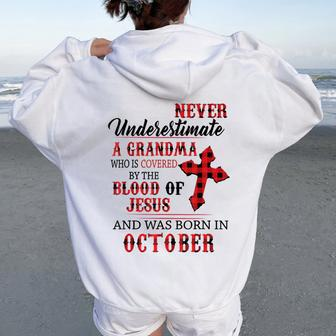 October Never Underestimate A Grandma Covered By The Blood Women Oversized Hoodie Back Print - Monsterry