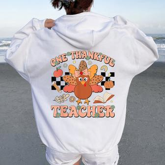 One Thankful Teacher Thanksgiving Retro Groovy Fall Teachers Women Oversized Hoodie Back Print | Mazezy
