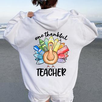 One Thankful Teacher Thanksgiving Turkey Cute Crayon Pencil Women Oversized Hoodie Back Print | Mazezy
