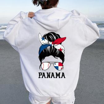 Panamanian Baseball Fan Girl Mom Messy Bun Panama Flag Women Oversized Hoodie Back Print | Mazezy