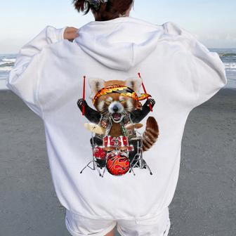 Punk Red Panda Play Drum In Heavy Metal Band Women Oversized Hoodie Back Print | Mazezy