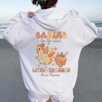 Retro Cutest Little Turkeys Picu Nurse Thanksgiving Fall Women Oversized Hoodie Back Print - Monsterry CA
