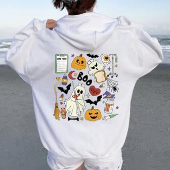 Retro Er Nurse Emergency Room Halloween Boo Ghost Pumpkin Women Oversized Hoodie Back Print - Seseable