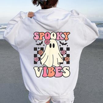 Spooky Vibes Halloween Ghost Costume Retro Groovy Women Oversized Hoodie Back Print - Seseable