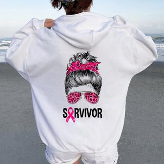 Survivor Messy Bun Pink Ribbon Breast Cancer Awareness Women Oversized Hoodie Back Print - Seseable