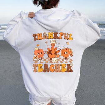 Thankful Teacher Retro Groovy Thanksgiving Fall Men Women Oversized Hoodie Back Print - Seseable