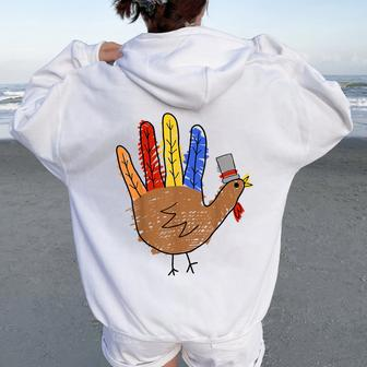 Thanksgiving Hand Turkey Thanksgiving Teacher Thankful Women Oversized Hoodie Back Print - Seseable
