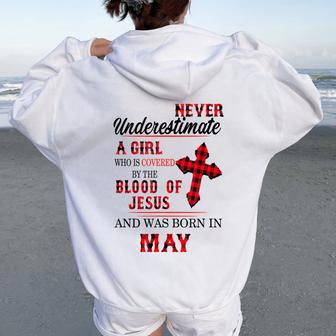 Never Underestimate A Girl Blood Of Jesus May Women Oversized Hoodie Back Print - Monsterry