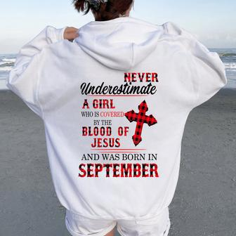 Never Underestimate A Girl Blood Of Jesus September Women Oversized Hoodie Back Print - Monsterry