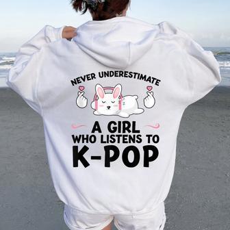 Never Underestimate A Girl Who Listens To K-Pop K-Pop Bunny Women Oversized Hoodie Back Print - Thegiftio UK