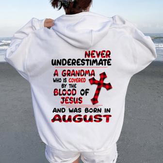 Never Underestimate A Grandma Blood Of Jesus August Women Oversized Hoodie Back Print | Seseable UK
