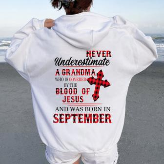 Never Underestimate A Grandma Blood Of Jesus September Women Oversized Hoodie Back Print - Monsterry UK