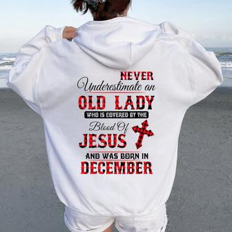 Never Underestimate An Old Lady Was Born In December Women Oversized Hoodie Back Print - Thegiftio UK