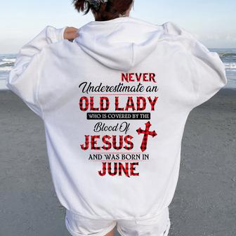 Never Underestimate An Old Lady Who Is Covered By-June Women Oversized Hoodie Back Print | Mazezy