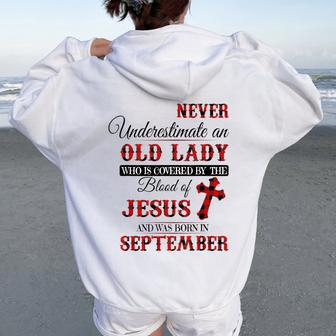 Never Underestimate An Old Lady Love Jesus Born In September Women Oversized Hoodie Back Print | Mazezy