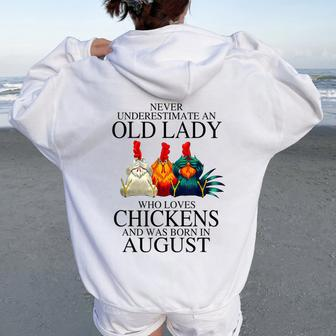 Never Underestimate An Old Lady Who Loves Chickens August Women Oversized Hoodie Back Print - Thegiftio UK