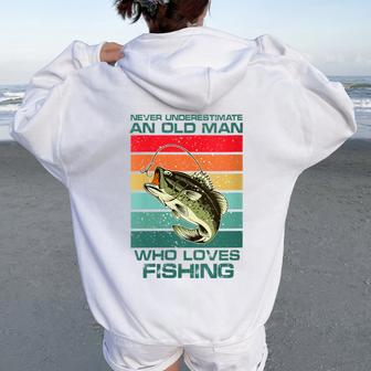 Never Underestimate A Old Man Who Loves Fishing Bass Vintage Women Oversized Hoodie Back Print - Seseable