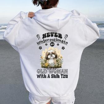 Never Underestimate An Old Woman With A Shih Tzu Flowers Women Oversized Hoodie Back Print | Mazezy CA