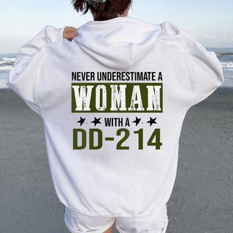 Never Underestimate A Woman With Dd-214 Military Veteren Women Oversized Hoodie Back Print | Mazezy