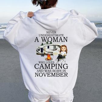 Never Underestimate A Woman Who Loves Camping November Women Oversized Hoodie Back Print - Seseable